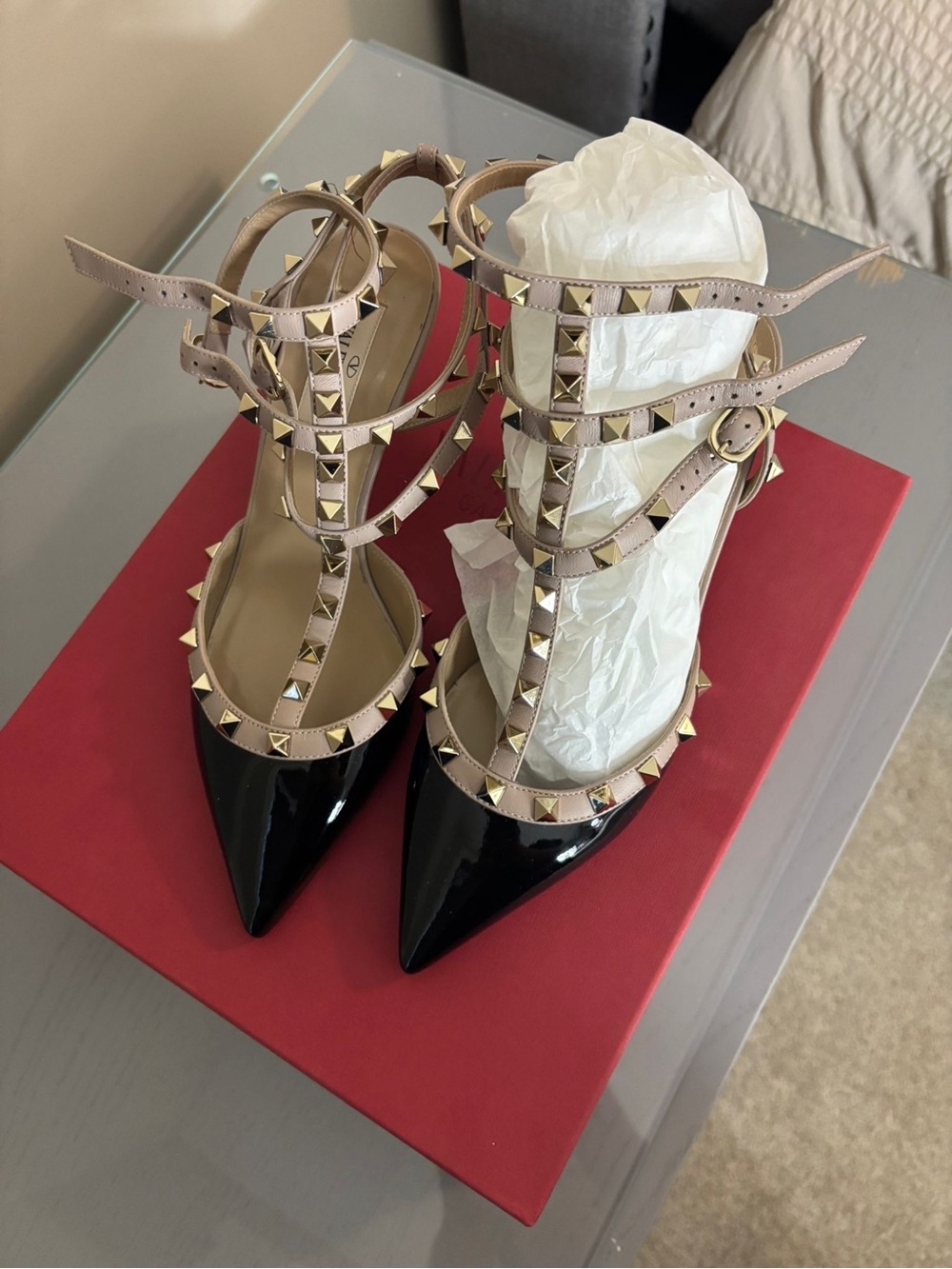 Valentino Black Patent Pointed Rockstud T-Strap Pumps with Nude Straps authentic
